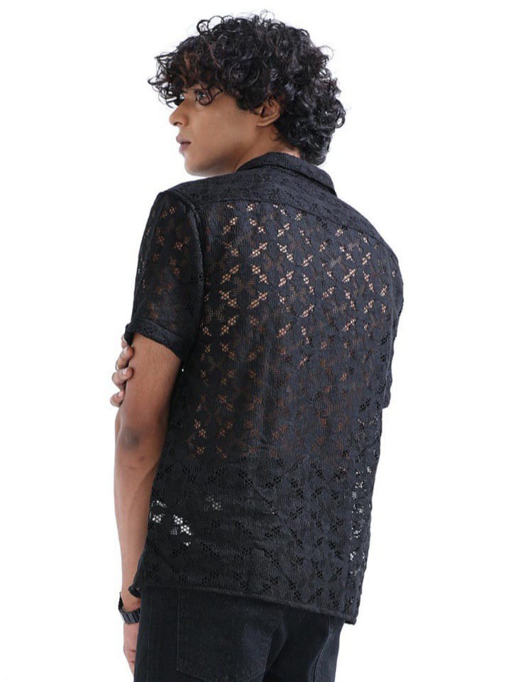 Uptown Funky Men's Shark Black Cuban Collar Crochet Shirt